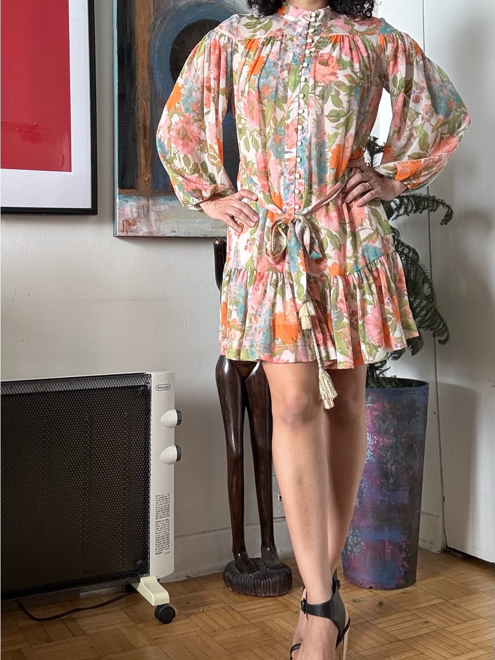 Taylor Floral Tie-Waist Mini Dress in Coral, Pink and Green, Size S, fits Size M